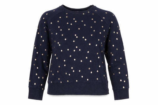 Front view of Boden Women's Navy Polka Dot Pullover Sweatshirt, size S