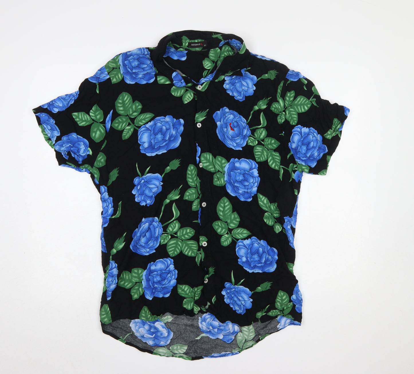 Reserva Men's Black Blue Floral Short Sleeve Button-Up Shirt M