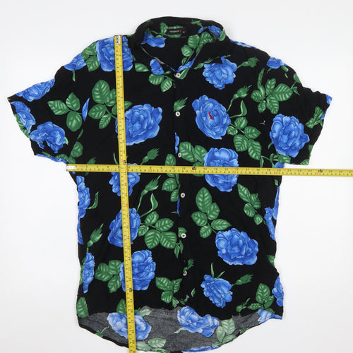 Reserva Men's Black Blue Floral Short Sleeve Button-Up Shirt M