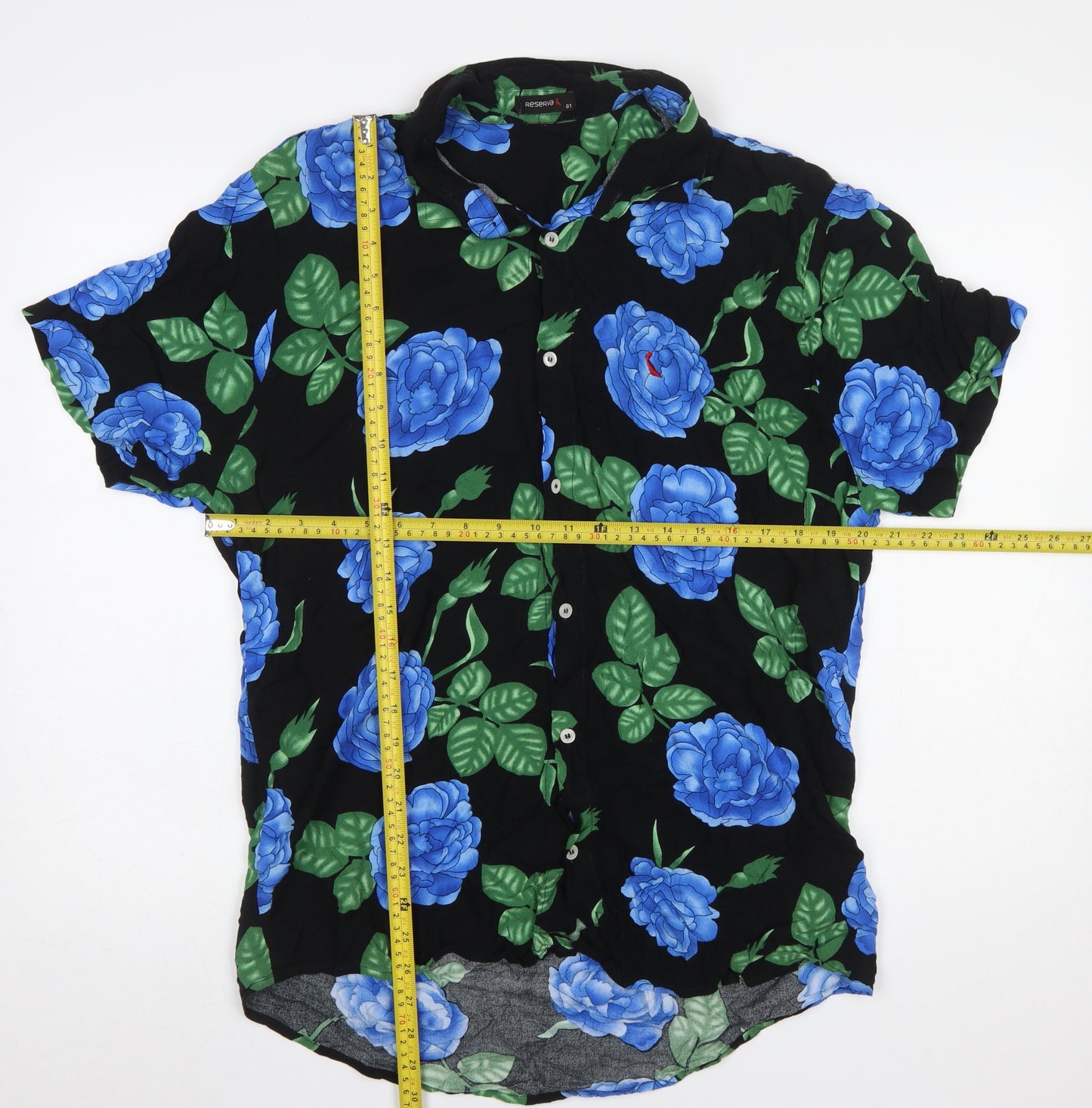 Reserva Men's Black Blue Floral Short Sleeve Button-Up Shirt M