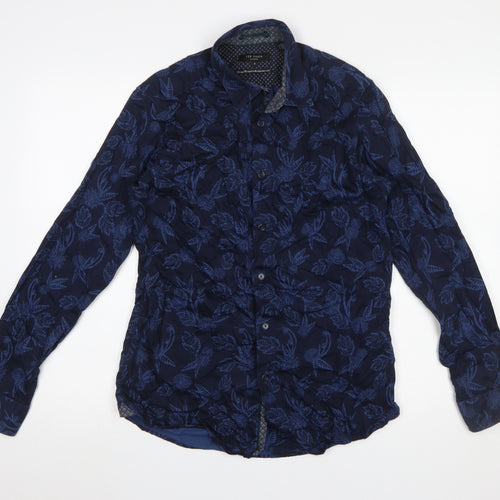 Ted Baker Men's Blue Floral Long Sleeve Cotton Slim Fit Shirt Size M