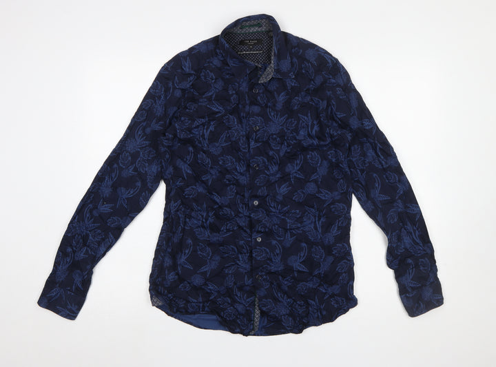 Ted Baker Men's Blue Floral Long Sleeve Cotton Slim Fit Shirt Size M