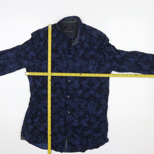 Ted Baker Men's Blue Floral Long Sleeve Cotton Slim Fit Shirt Size M