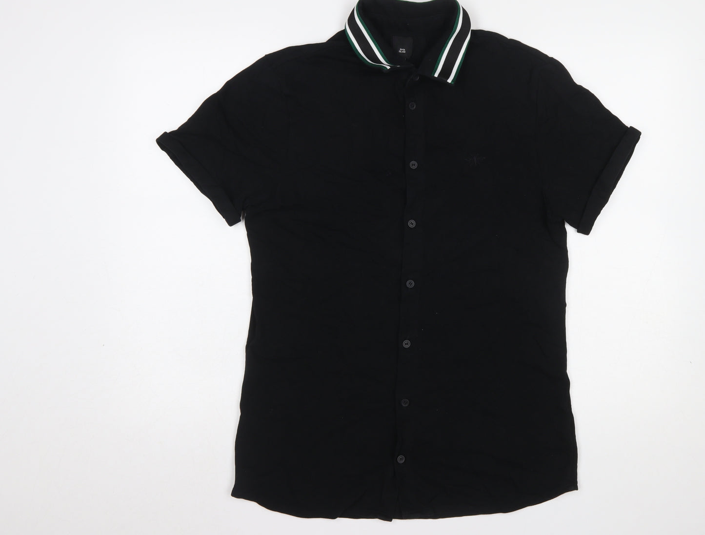 River Island Men's Black Slim Fit Short Sleeve Button-Up Shirt L