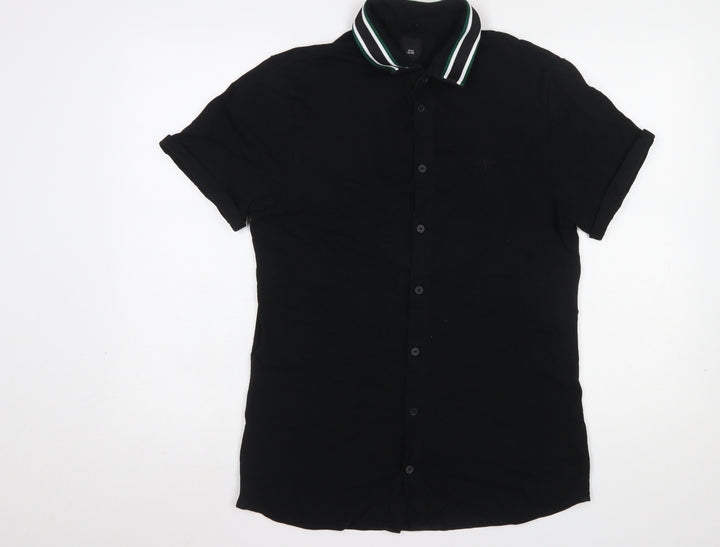 River Island Men's Black Slim Fit Short Sleeve Button-Up Shirt L