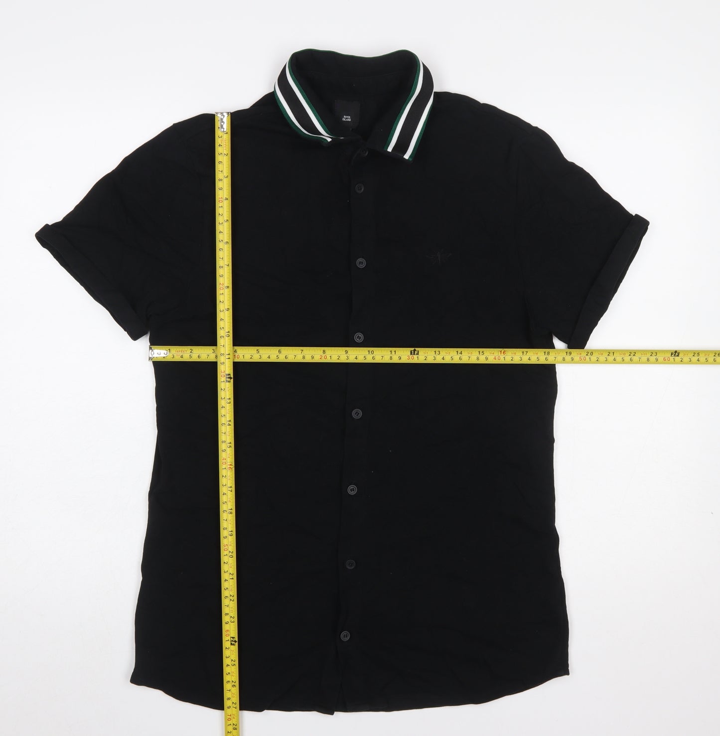 River Island Men's Black Slim Fit Short Sleeve Button-Up Shirt L