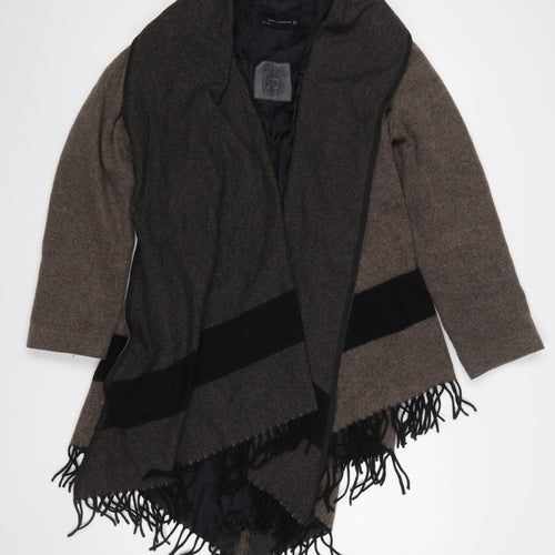 Zara Woman Brown Wool Blend Wrap Fringe Cardigan Size L