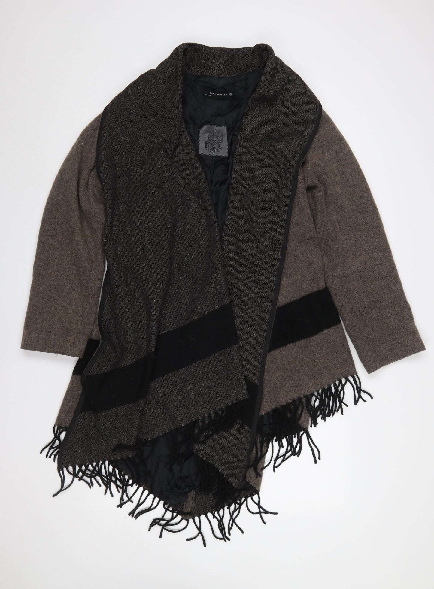 Zara Woman Brown Wool Blend Wrap Fringe Cardigan Size L
