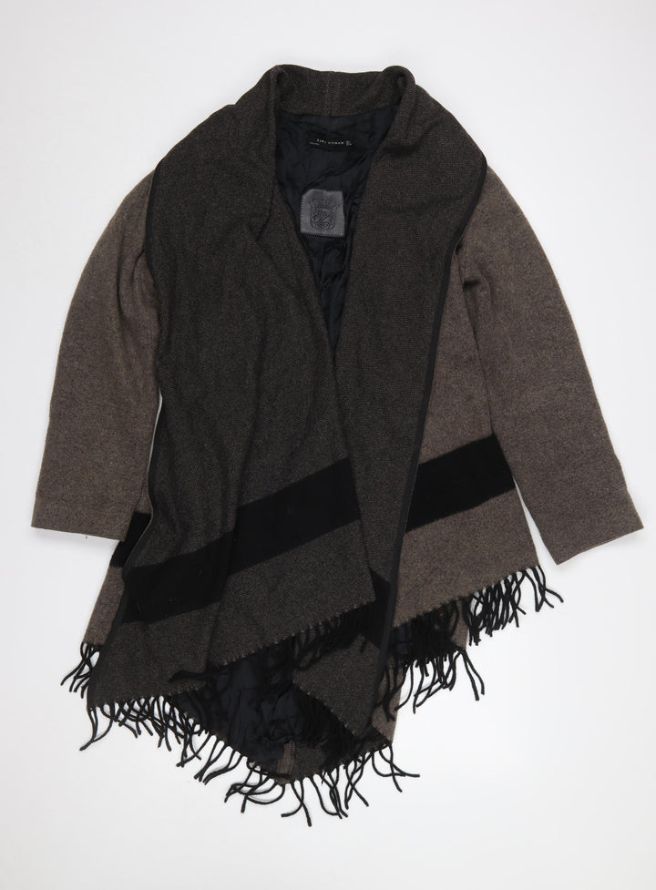 Zara Woman Brown Wool Blend Wrap Fringe Cardigan Size L