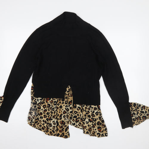 QED London Women's Black Leopard Ruffle Roll Neck Jumper Size S