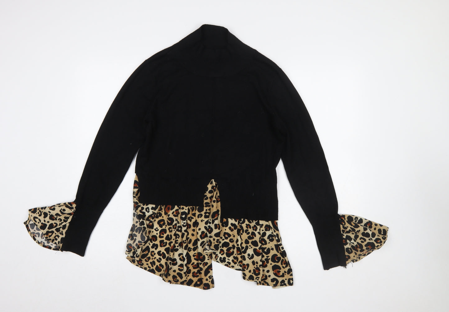 QED London Women's Black Leopard Ruffle Roll Neck Jumper Size S