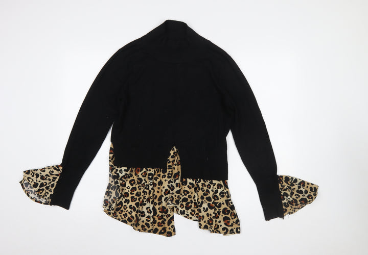 QED London Women's Black Leopard Ruffle Roll Neck Jumper Size S