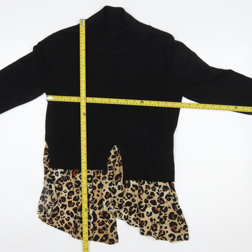 QED London Women's Black Leopard Ruffle Roll Neck Jumper Size S