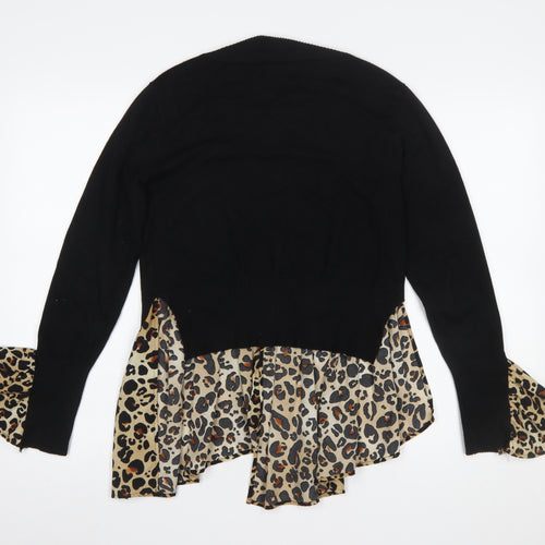 QED London Women's Black Leopard Ruffle Roll Neck Jumper Size S