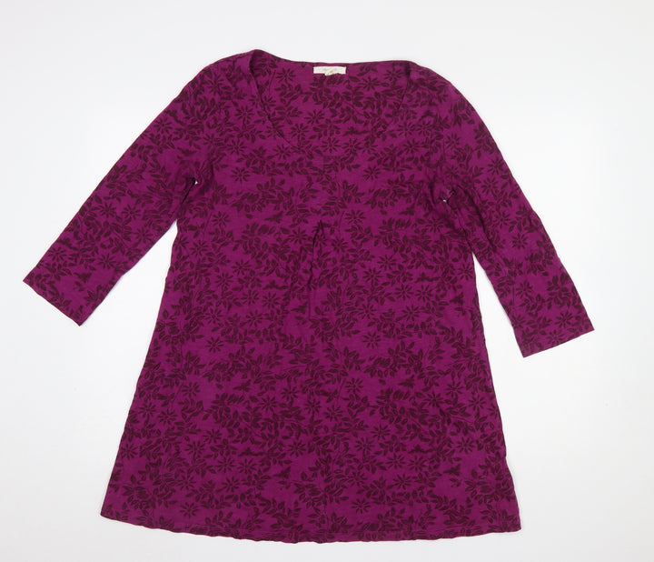 White Stuff Women's Purple Floral A-Line Knee Length Cotton Dress Size 12
