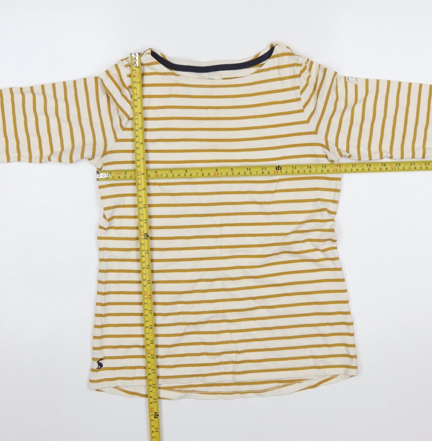 Joules Womens Yellow White Striped 3/4 Sleeve Cotton Boat Neck Top Size 8