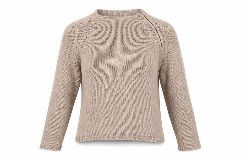 Front view of Soft Grey Women's Beige Cotton Chunky Knit Raglan Jumper, size 10/12