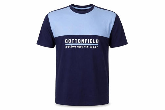 Front view of Cottonfield Sport Men's Blue Colourblock Crew Neck T-Shirt, size L
