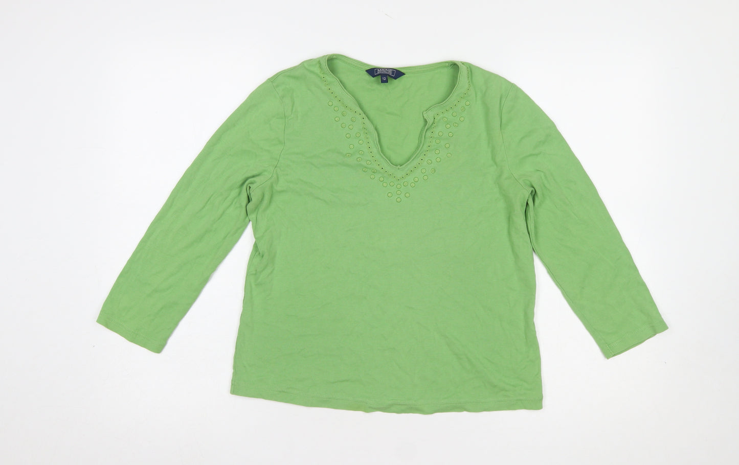 Maine New England Women's Green Long Sleeve V-Neck Beaded Cotton T-Shirt Size 12
