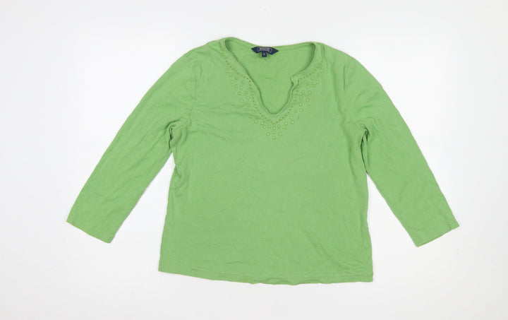 Maine New England Women's Green Long Sleeve V-Neck Beaded Cotton T-Shirt Size 12