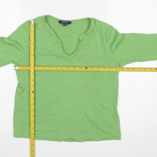 Maine New England Women's Green Long Sleeve V-Neck Beaded Cotton T-Shirt Size 12