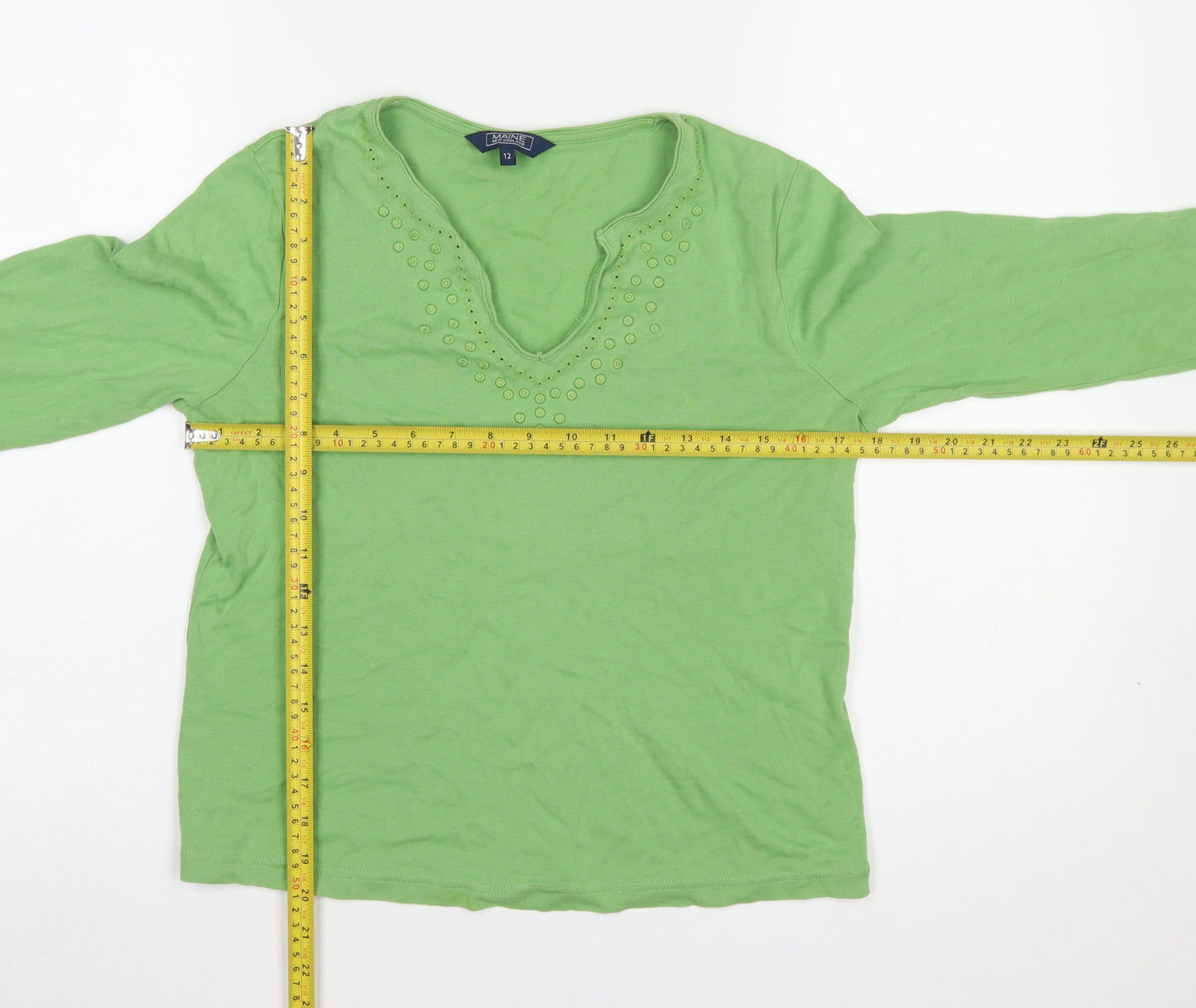 Maine New England Women's Green Long Sleeve V-Neck Beaded Cotton T-Shirt Size 12