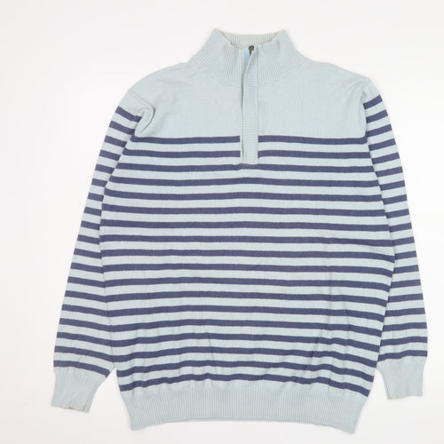 Woolovers Men’s Blue Striped 1/2 Zip Mock Neck Cotton Cashmere Sweater M
