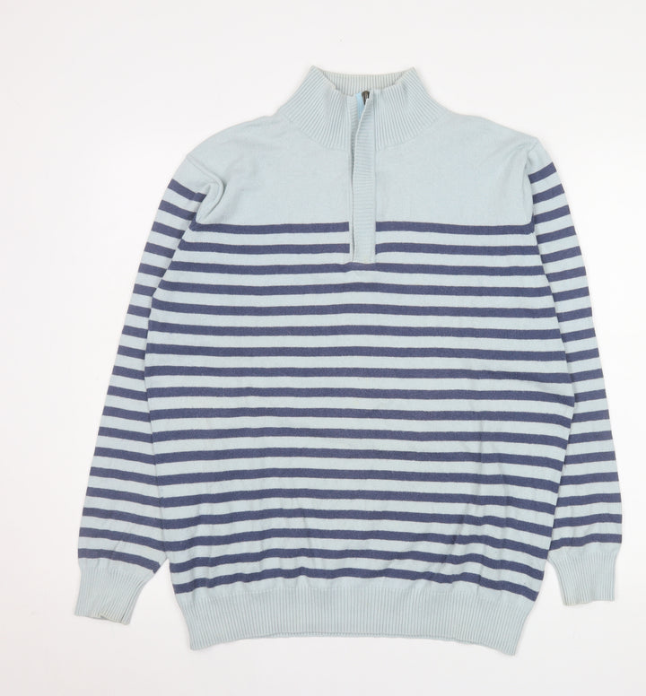 Woolovers Men’s Blue Striped 1/2 Zip Mock Neck Cotton Cashmere Sweater M