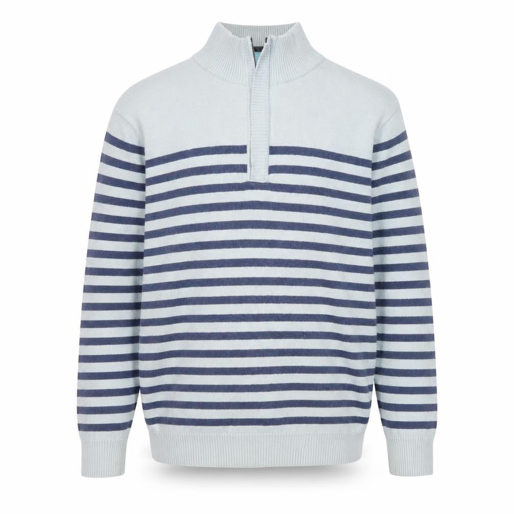 Woolovers Men’s Blue Striped 1/2 Zip Mock Neck Cotton Cashmere Sweater M