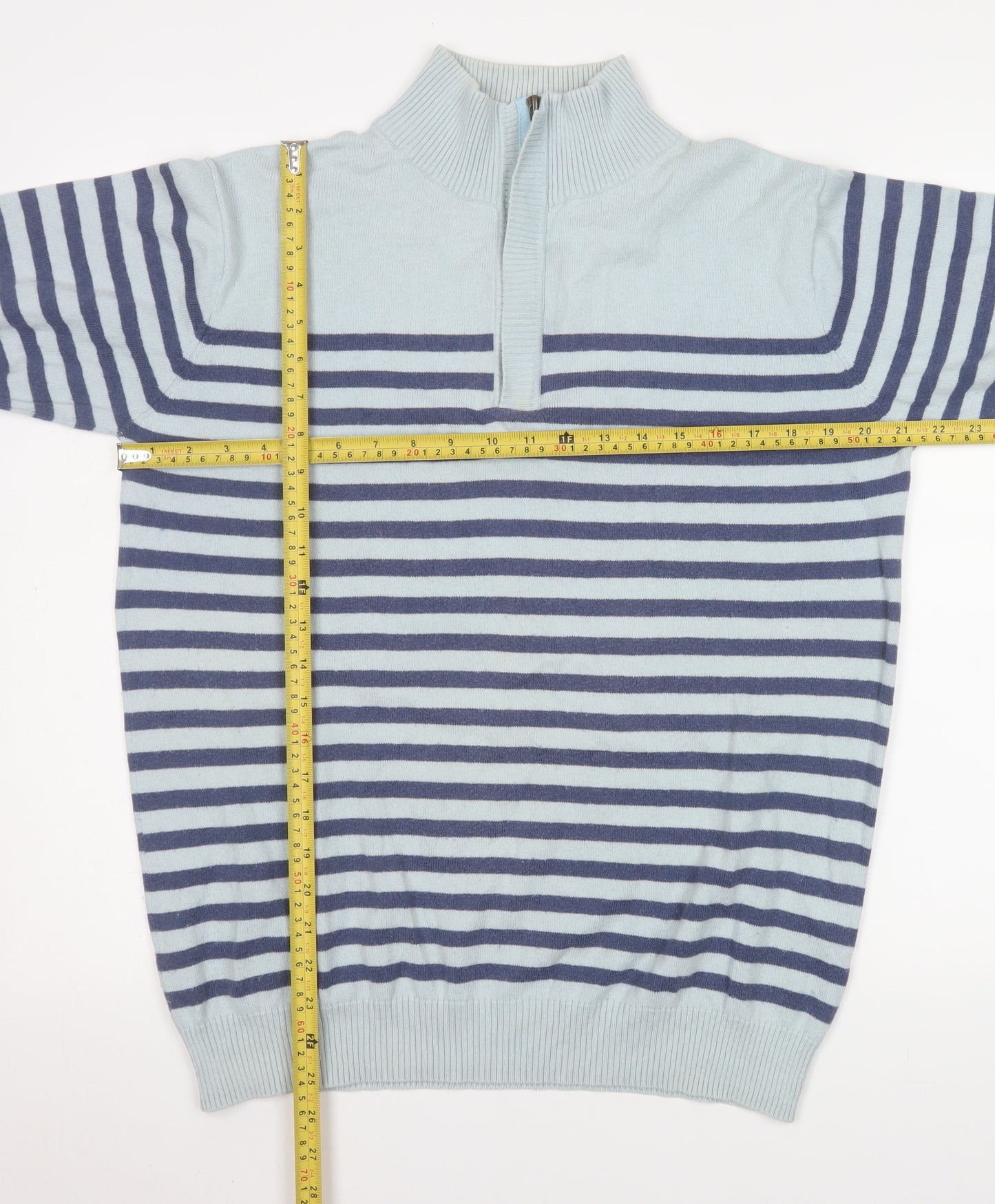 Woolovers Men’s Blue Striped 1/2 Zip Mock Neck Cotton Cashmere Sweater M