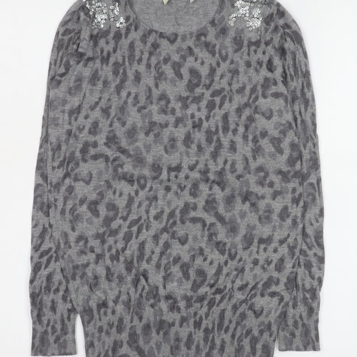 Oasis Women’s Grey Animal Print Sequin Shoulder Wool Blend Long Sleeve Top Size S