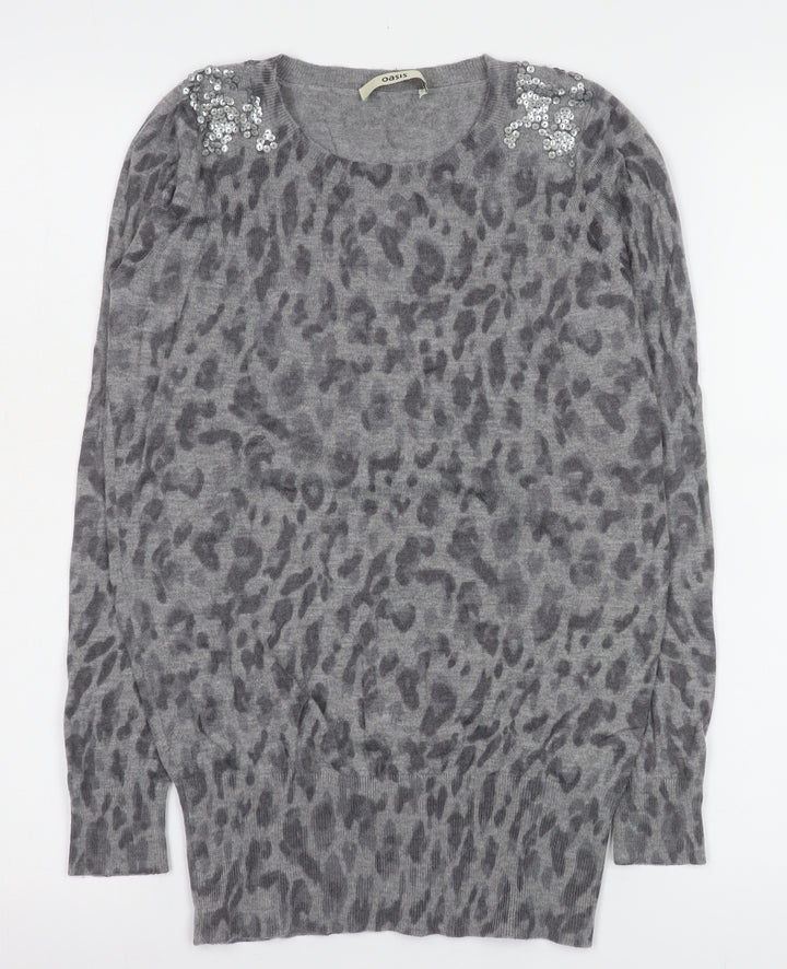 Oasis Women’s Grey Animal Print Sequin Shoulder Wool Blend Long Sleeve Top Size S