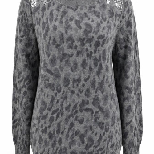 Oasis Women’s Grey Animal Print Sequin Shoulder Wool Blend Long Sleeve Top Size S