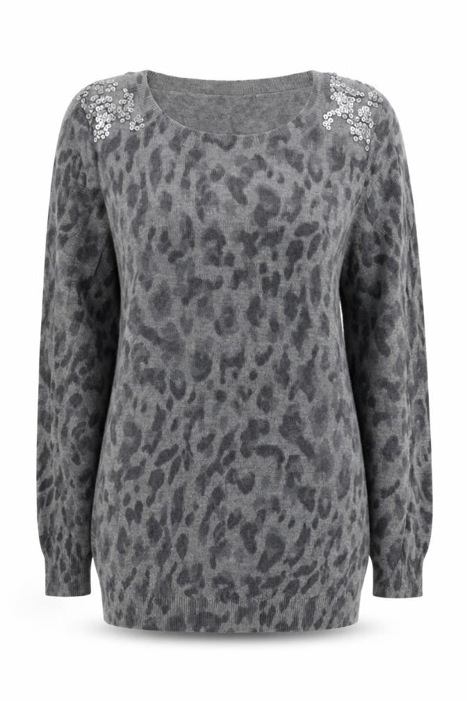 Oasis Women’s Grey Animal Print Sequin Shoulder Wool Blend Long Sleeve Top Size S