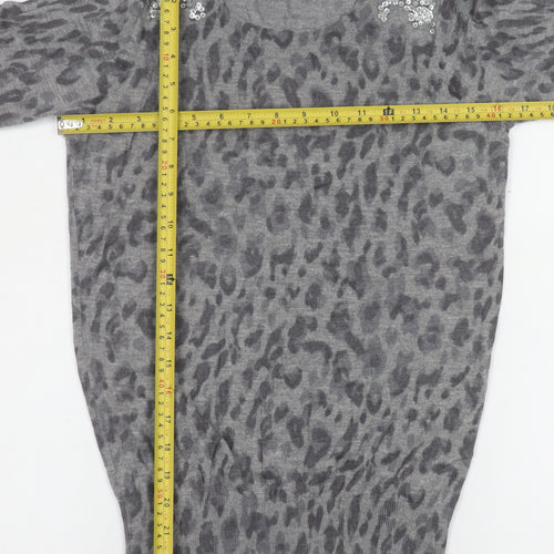 Oasis Women’s Grey Animal Print Sequin Shoulder Wool Blend Long Sleeve Top Size S