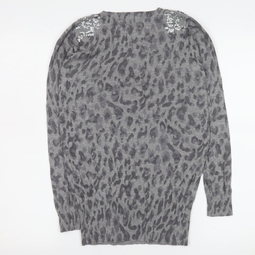 Oasis Women’s Grey Animal Print Sequin Shoulder Wool Blend Long Sleeve Top Size S