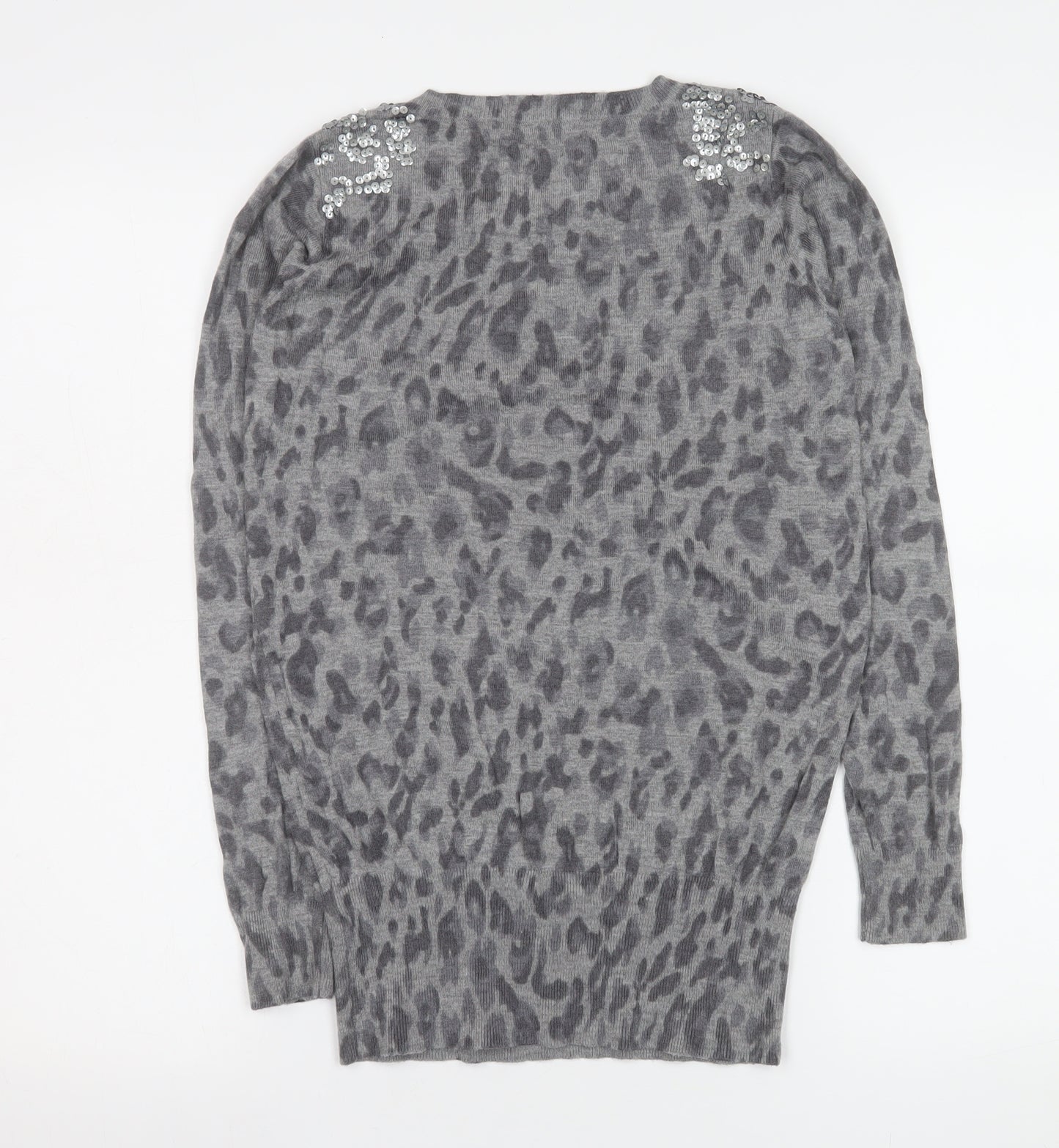Oasis Women’s Grey Animal Print Sequin Shoulder Wool Blend Long Sleeve Top Size S