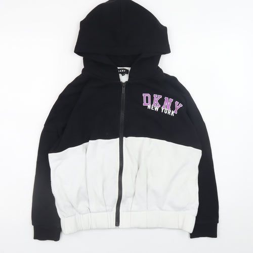 DKNY Women Black White Full Zip Hoodie Size 10 Graphic Print