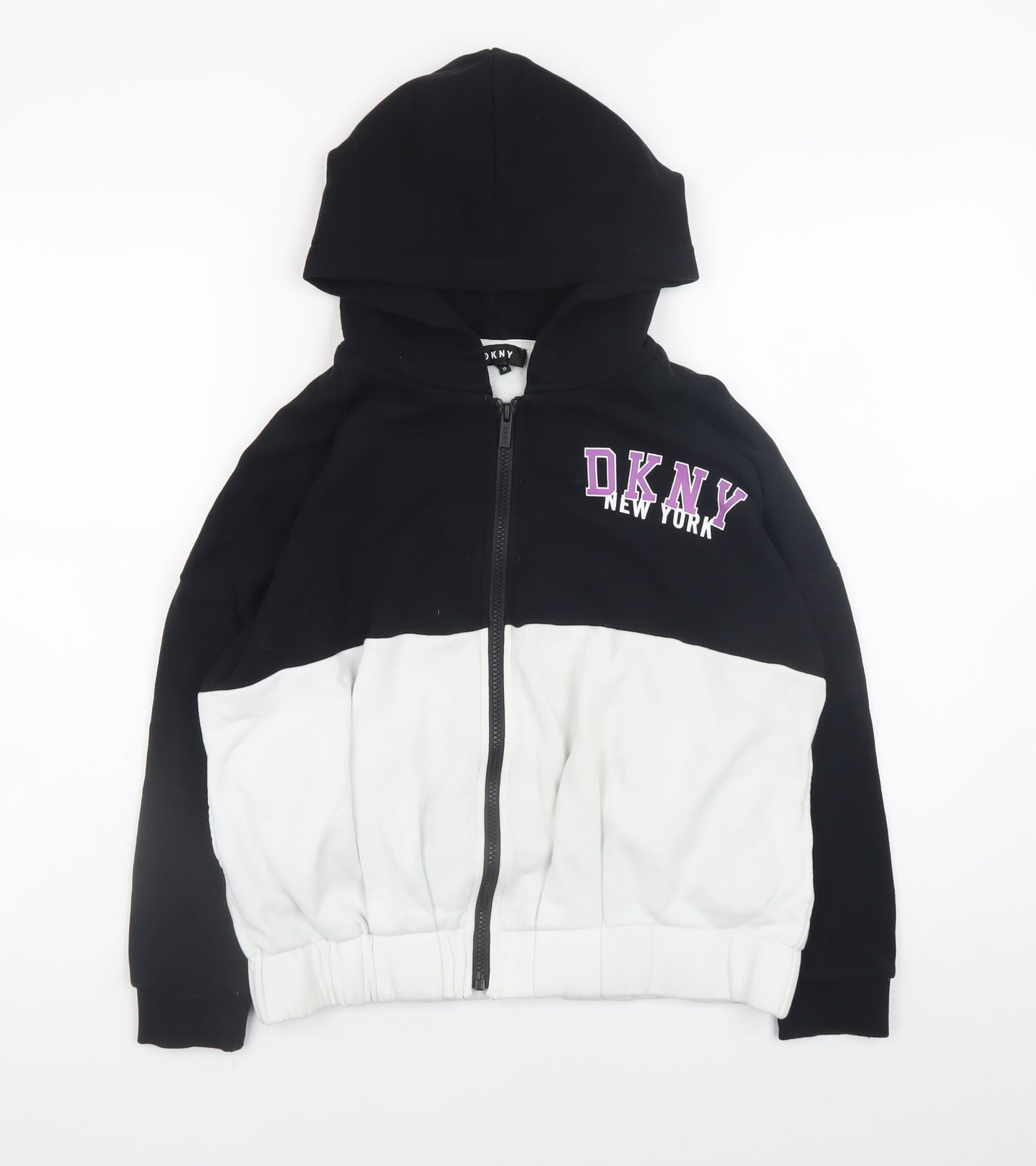 DKNY Women Black White Full Zip Hoodie Size 10 Graphic Print