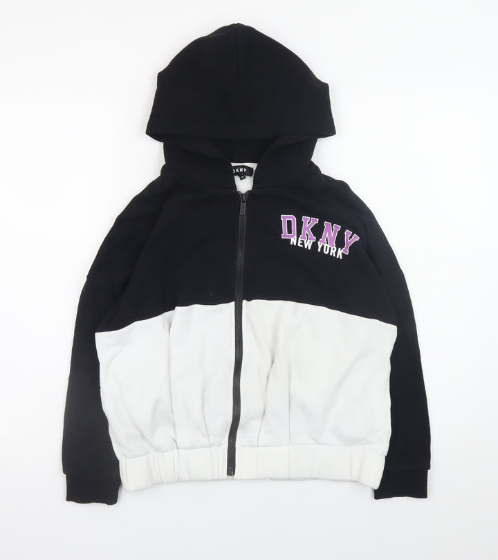 DKNY Women Black White Full Zip Hoodie Size 10 Graphic Print