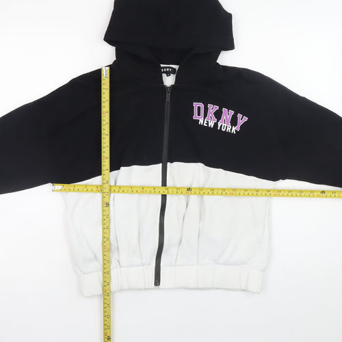 DKNY Women Black White Full Zip Hoodie Size 10 Graphic Print