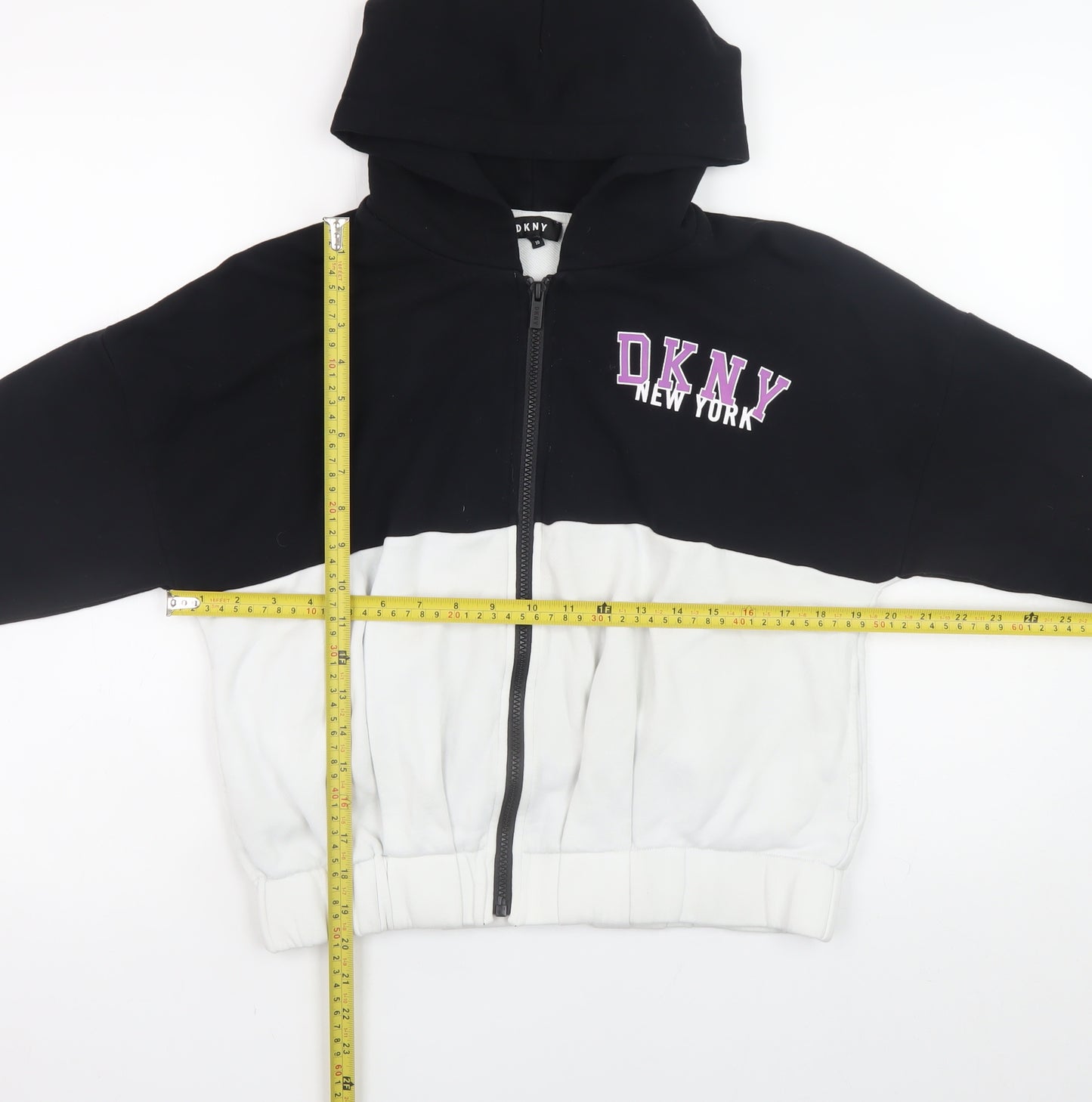 DKNY Women Black White Full Zip Hoodie Size 10 Graphic Print