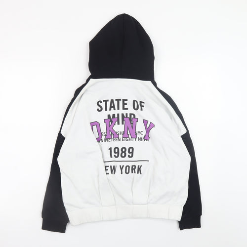 DKNY Women Black White Full Zip Hoodie Size 10 Graphic Print