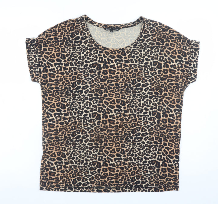 ONLY Womens Brown Leopard Print Short Sleeve Basic T-Shirt Size S