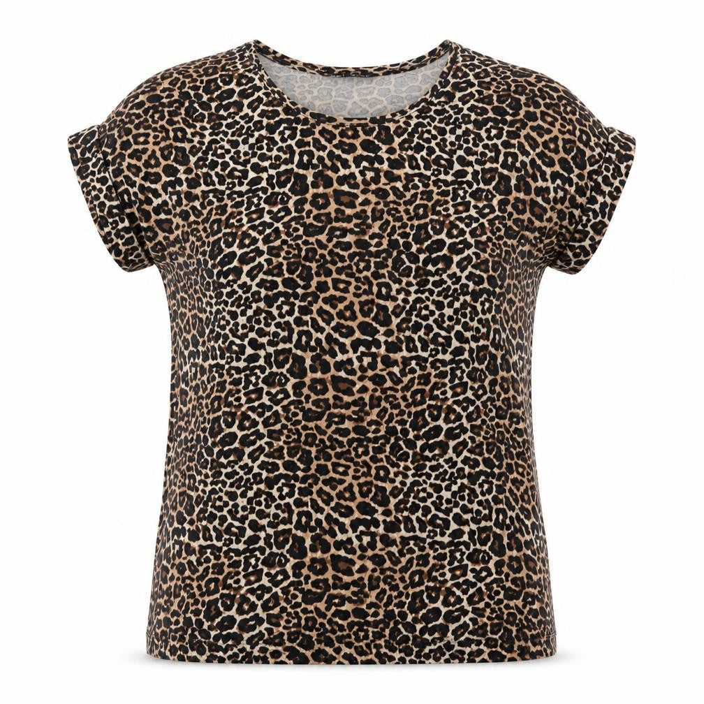 Front view of Only women’s brown leopard print short sleeve basic t-shirt, size S