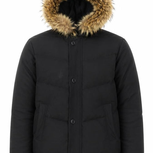 Woolrich Men's Black Down Puffer Jacket with Fur Hood Size 14