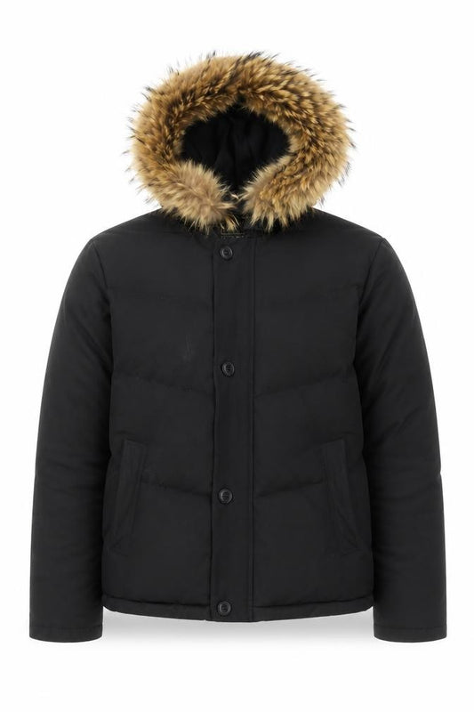 Front view of Woolrich women’s black down puffer jacket with fur hood, size UK 14