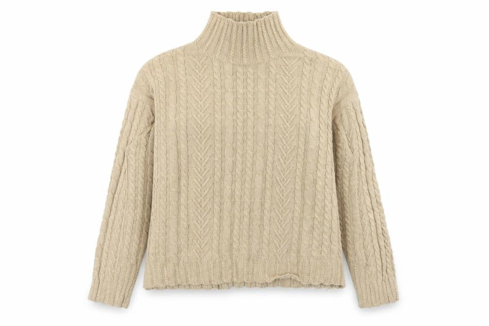 Front view of Marks & Spencer women’s beige cable knit roll neck jumper, size M