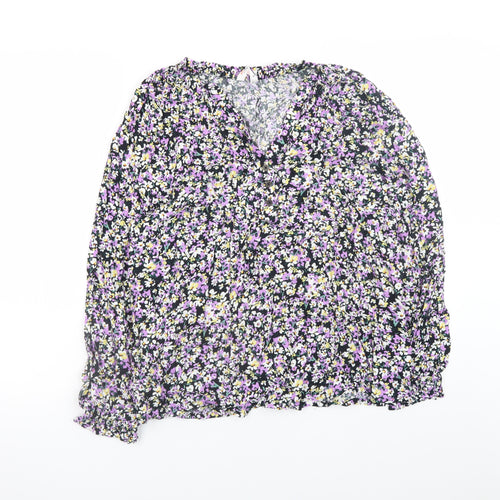 John Lewis ANYDAY Women's Black Floral V-Neck Long Sleeve Blouse Size 16
