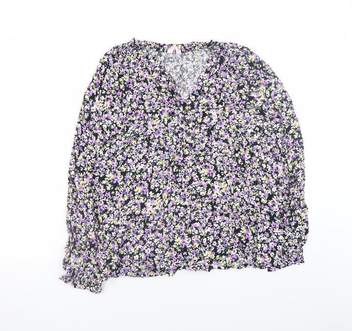 John Lewis ANYDAY Women's Black Floral V-Neck Long Sleeve Blouse Size 16